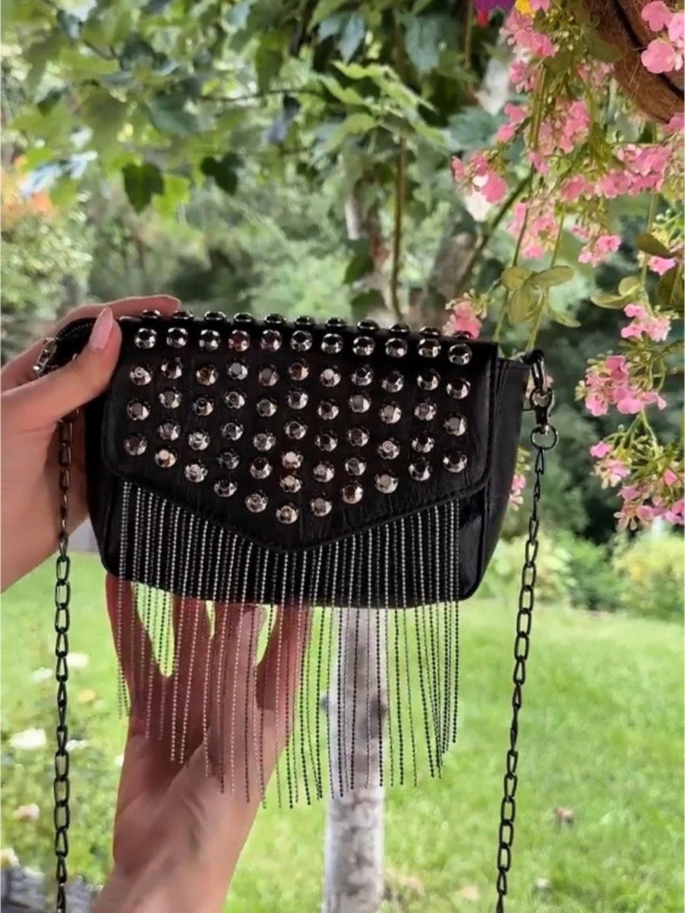 Black Studded Fringe Crossbody Bag - Picture 7 of 12